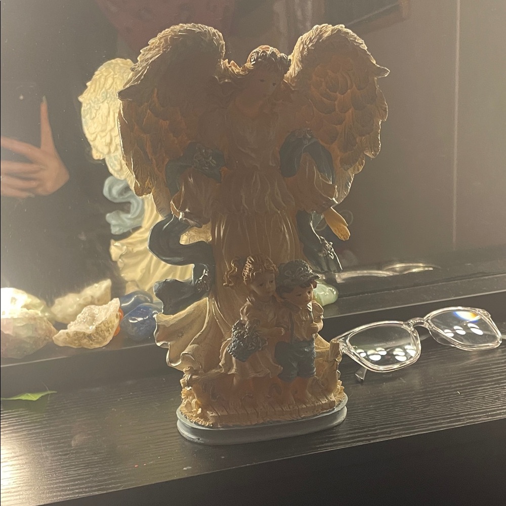 Guardian Angel Figurine with Children - Cream and Blue